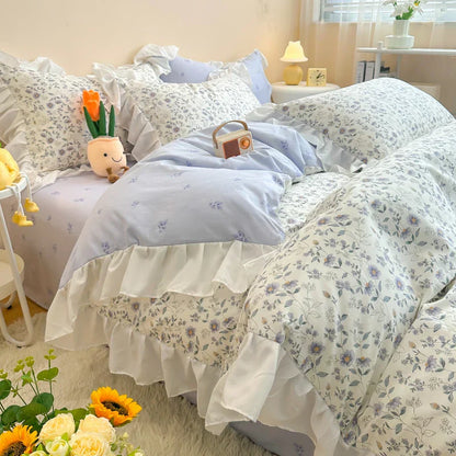 Decobites Korean Princess Floral Ruffles Bedding Set: Single/Queen Duvet, Cover, & Pillowcases