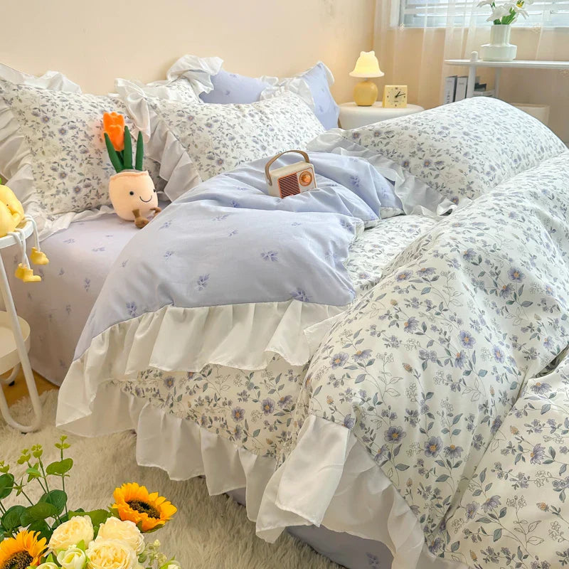 Conjunto de Ropa de Cama Decorbites™ Princesa Coreana con Volantes Florales: Edredón Individual/Queen, Cubierta y Fundas de Almohada