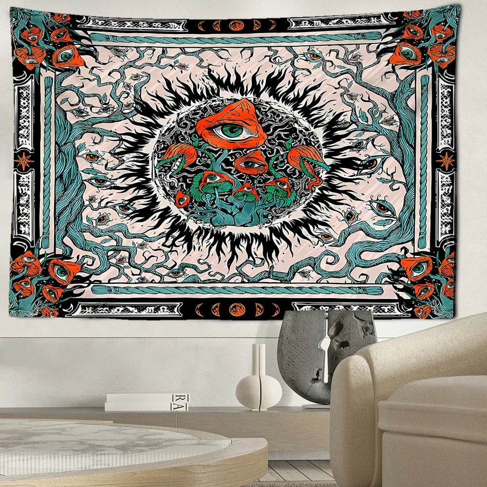 Orange Eyed Mushroom Sun Tapestry - Decobites Abstract Psychedelic Room Decor