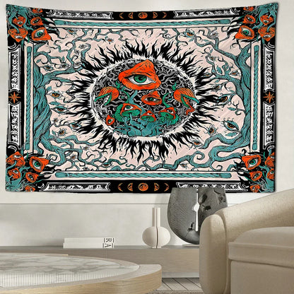 Orange Eyed Mushroom Sun Tapestry - Decobites Abstract Psychedelic Room Decor