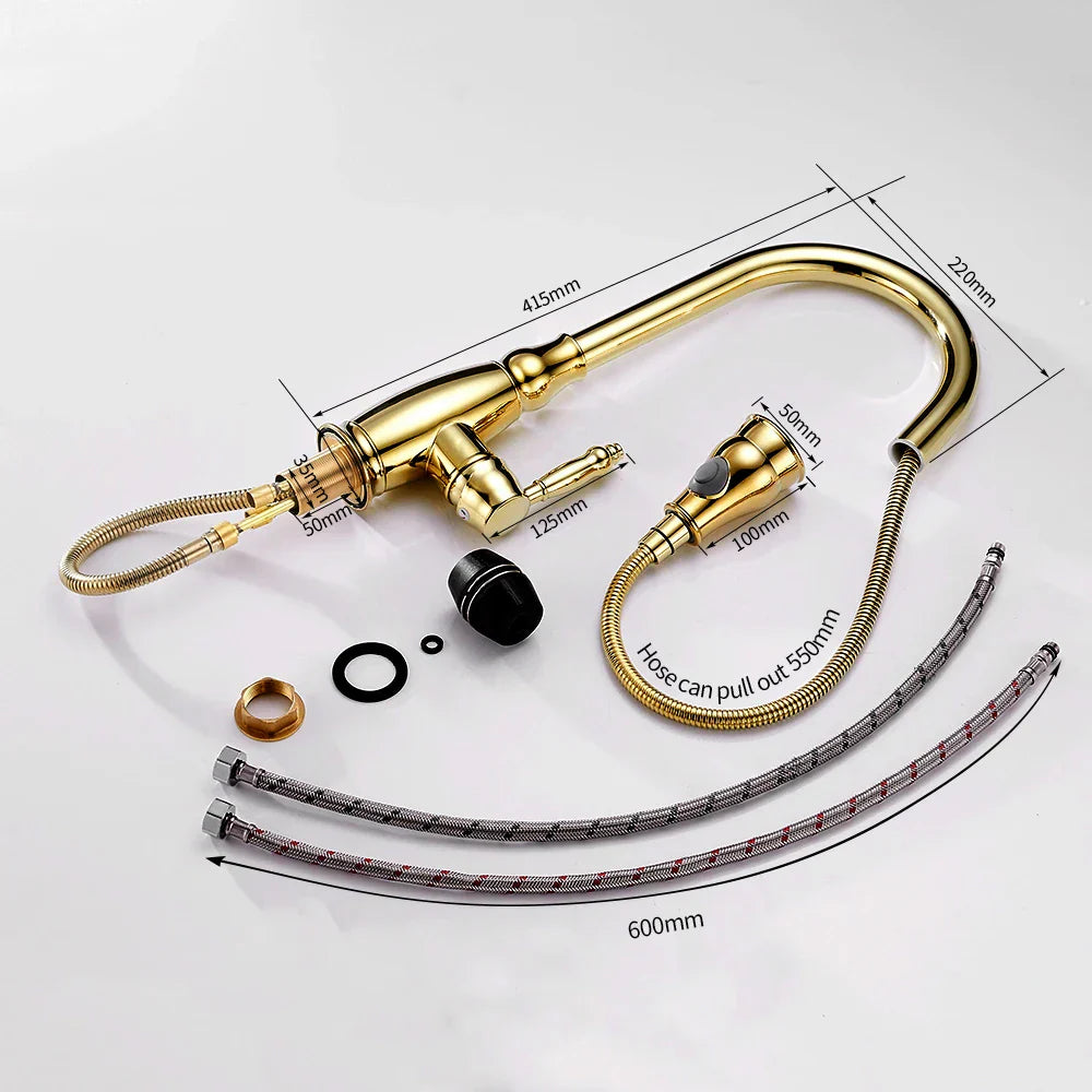 DecorBites™ Gold Kitchen Sink Mixer Faucet with Pull Out Spray Head Rotation - WF-4118