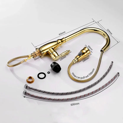 DecorBites™ Gold Kitchen Sink Mixer Faucet with Pull Out Spray Head Rotation - WF-4118