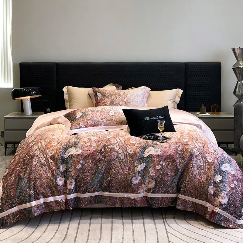 Decobites Luxury Flowers 1000TC Egyptian Cotton Bedding Set: 1 Duvet Cover, 1 Sheet, 2 Pillowcases