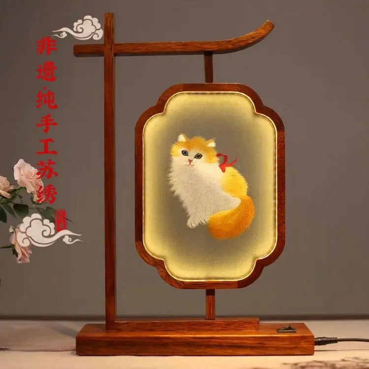 DecorBites™ Chinese Style Embroidered Desk Lamp Decoration Screen - Double-Sided Home Table Decor