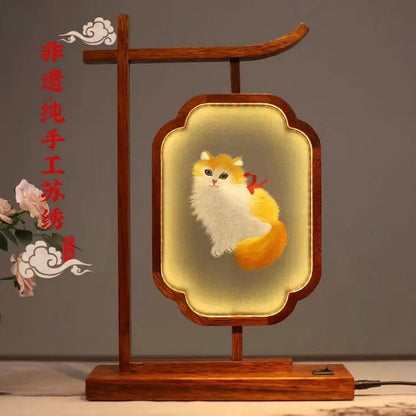 DecorBites™ Chinese Style Embroidered Desk Lamp Decoration Screen - Double-Sided Home Table Decor