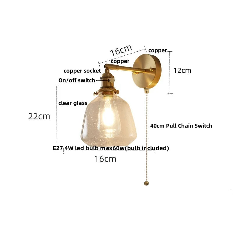 DecorBites™ Clear Glass LED Wall Sconce with Pull Chain, Rotating Copper Socket