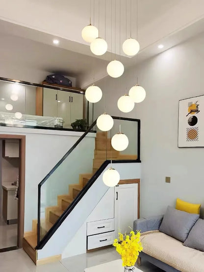 Stair long chandelier light luxury living room loft high duplex building hollow Nordic minimalist glass spherical LED light