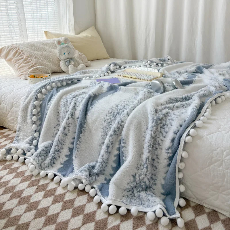 DecorBites™ Jacquard Fluffy Ball Lace Blanket | Double Sided Fluff Warm Sofa Cover