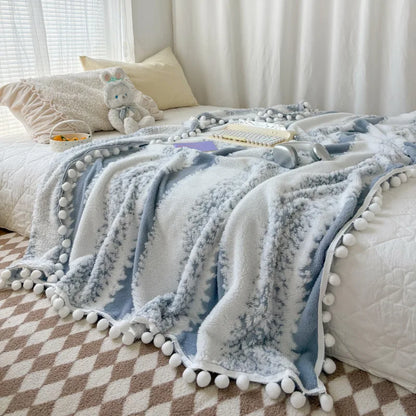 DecorBites™ Jacquard Fluffy Ball Lace Blanket | Double Sided Fluff Warm Sofa Cover