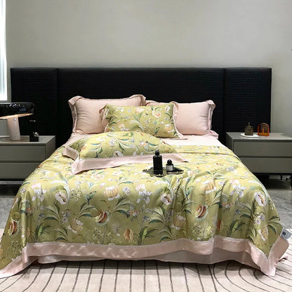 Decobites Lyocell Fiber Flowers Summer Quilt Bedding Set - Soft & Silky Comforter with Bed Sheet