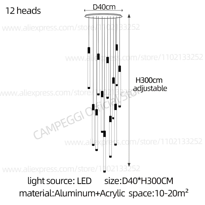 DecorBites™ Golden Tube Chandelier: Modern Designer LED Staircase Light for Nordic Loft Apartment