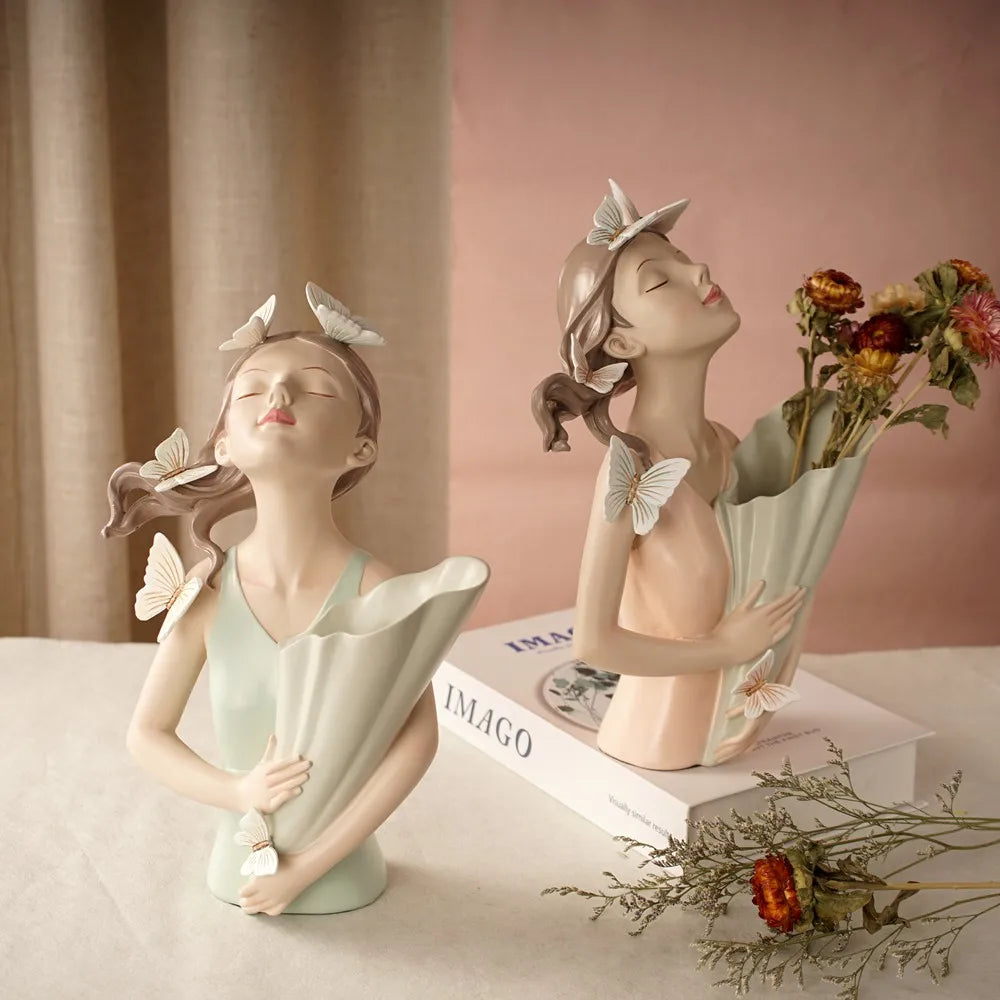 DecorBites™ Estatua de niña mariposa rosa de 30 cm en jarrón, figura decorativa moderna de resina para el hogar
