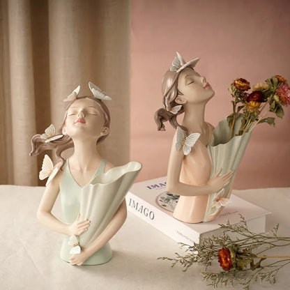 DecorBites™ Estatua de niña mariposa rosa de 30 cm en jarrón, figura decorativa moderna de resina para el hogar