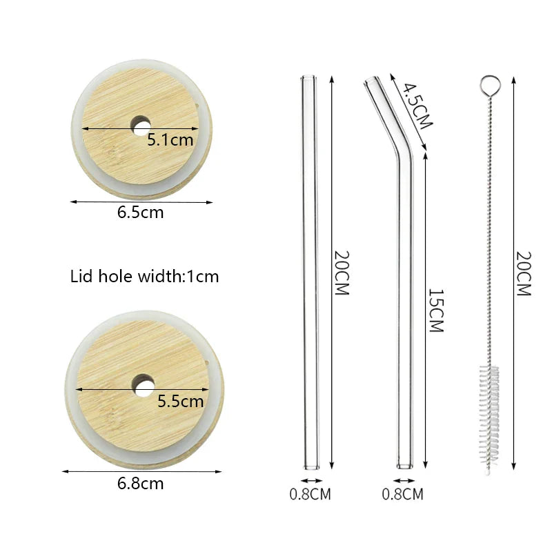 Juego de vasos de vidrio DecorBites™ con tapa de bambú: Taza para té de burbujas, café, vino o té con leche.