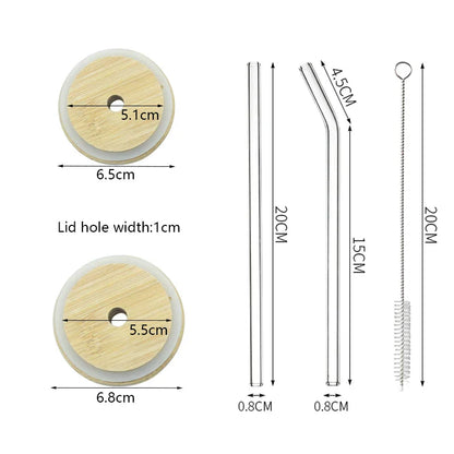 Juego de vasos de vidrio DecorBites™ con tapa de bambú: Taza para té de burbujas, café, vino o té con leche.