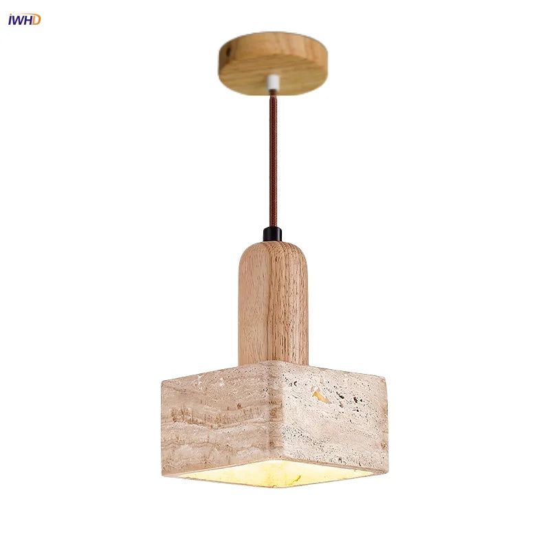 DecorBites™ LED Pendant Lamp Yellow Travertine Stone Wood Nordic Modern Hanging Light