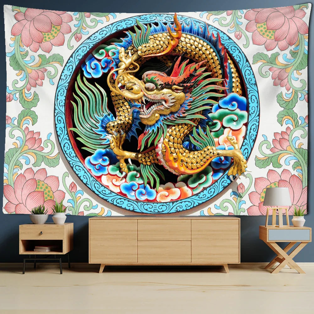 DecorBites™ Golden Dragon Totem Carving Tapestry: Mysterious Psychedelic Wall Hanging