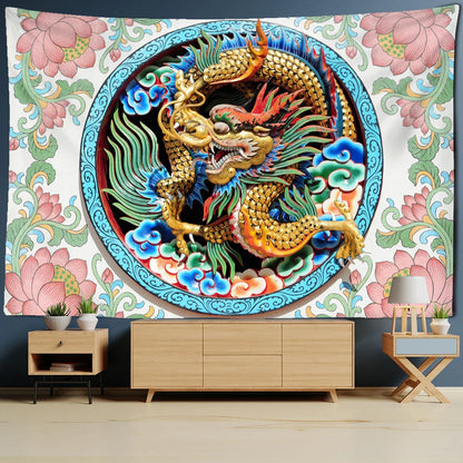 DecorBites™ Golden Dragon Totem Carving Tapestry: Mysterious Psychedelic Wall Hanging