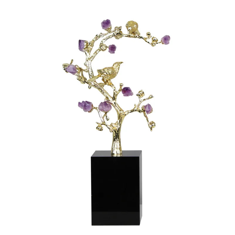 DecorBites™ Golden Tree Crystal Flower Brass Amethyst Decor with Golden Bird Figurines