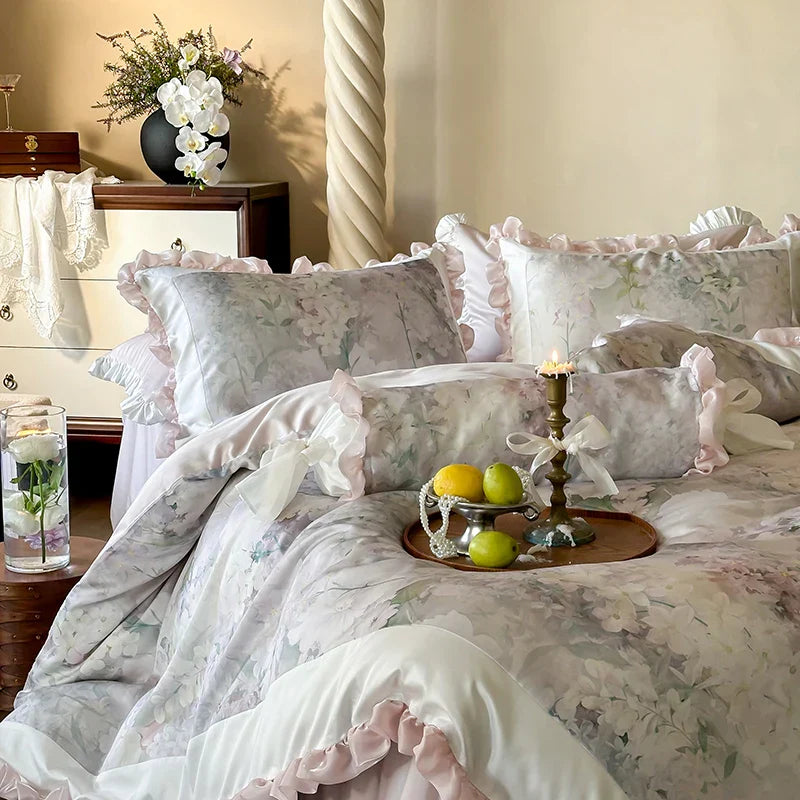 Decobites Vintage Rose Organza Lace Ruffles Bedding Set with Soft Lyocell Cotton Duvet Cover