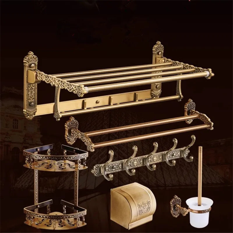 DecorBites™ Bronze Carved Bath Accessories Set: Shelf, Towel Rack, Paper Holder, Toilet Brush Holder