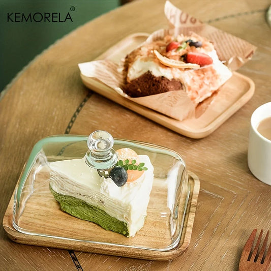 DecorBites™ Cake Dessert Wood Plate with Glass Dust Cover | Elegant Serving Dish for Various Treats