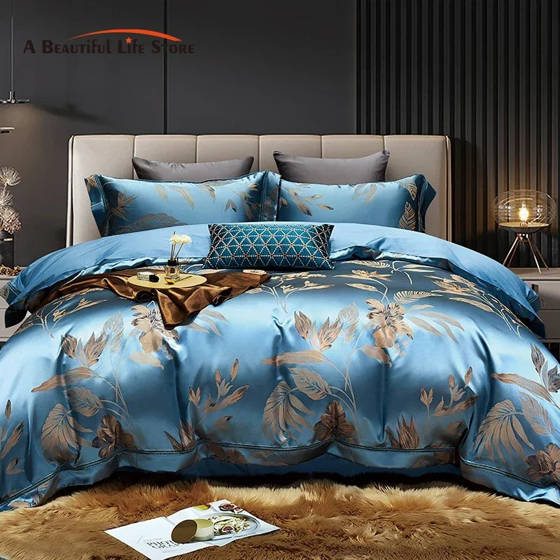 DecorBites™ Gold Leaves Jacquard Cotton Bedding Set with Smooth Egyptian Cotton Duvet Cover