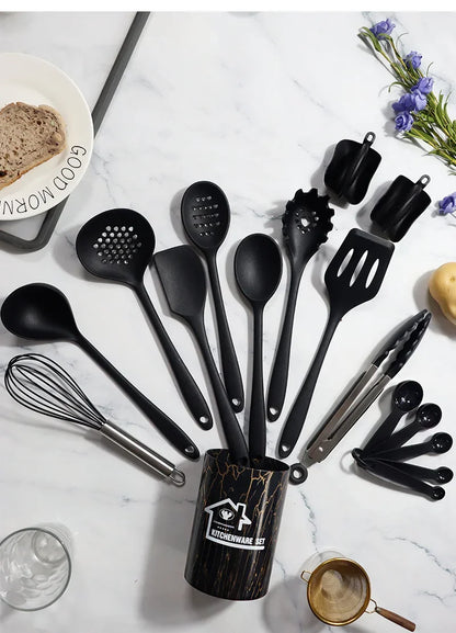 مجموعة أدوات المطبخ المصنوعة من السيليكون DecorBites™، مكونة من 18 قطعة، تتضمن ملعقة تقليب وملعقة قياس وأدوات طبخ