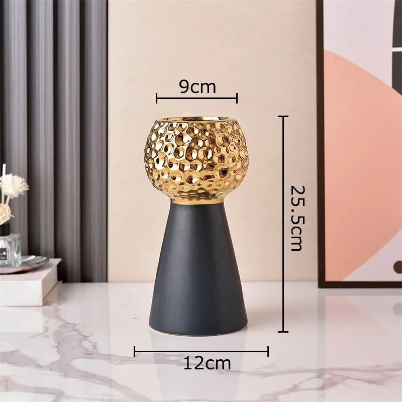 Jarrón de cerámica con patrón de martillo dorado Decorbites™: Maceta creativa para decoración de mesa y arreglo floral