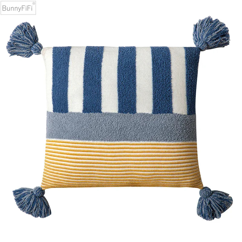 DecorBites™ Knit Stripe Cushion Cover 45x45cm with Blue Pink Tassels for Home Decor