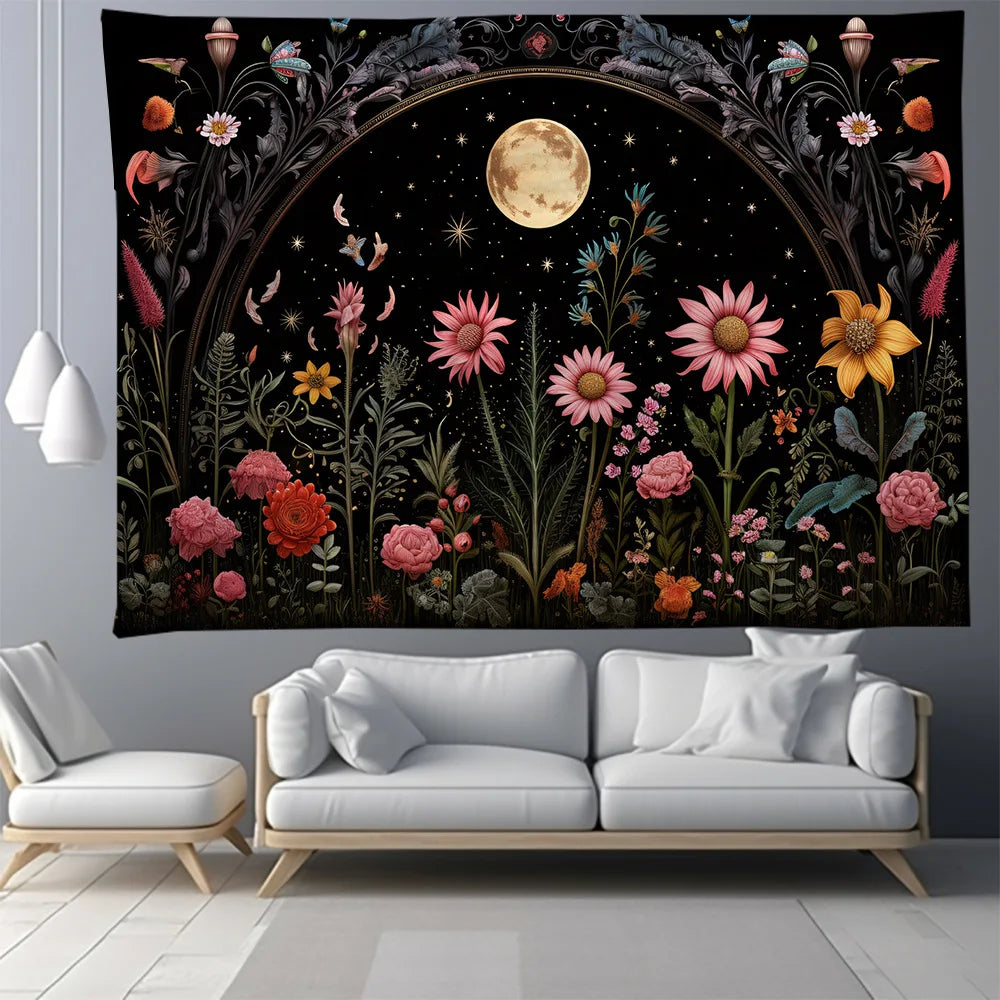 Decobites Moon Phase Nordic Flower Wall Hanging Tapestry