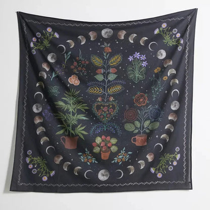 Botanical Celestial Floral Wall Tapestry by Decobites, Moon Phase Hippie Flower Dorm Decor