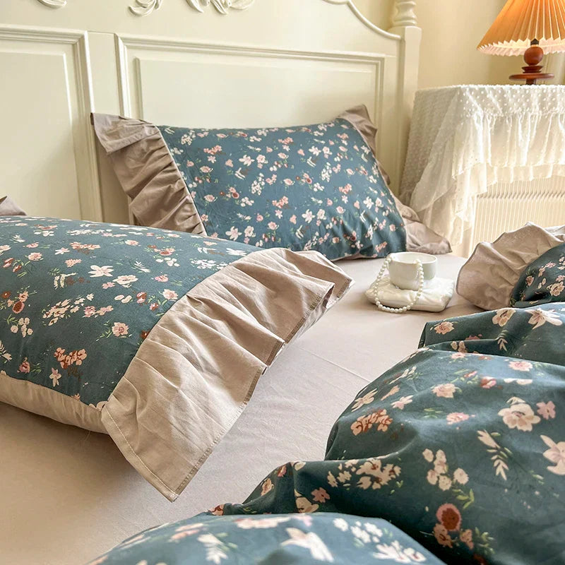 Decobites Vintage Floral Cotton Bedding Set with Pleat Ruffles and Duvet Cover