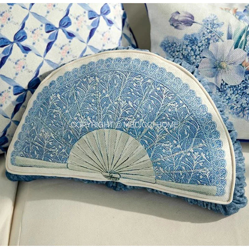 DecorBites™ Chinoiserie Blue Wavy Fan Pillowcase Bohemian Print Lumbar Cushion Cover