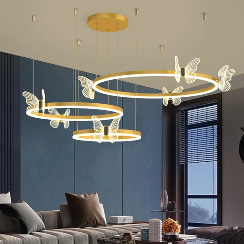 Decorbites™ Lámpara de Araña de Techo Redonda LED Mariposa Dorada para Sala de Estar y Dormitorio