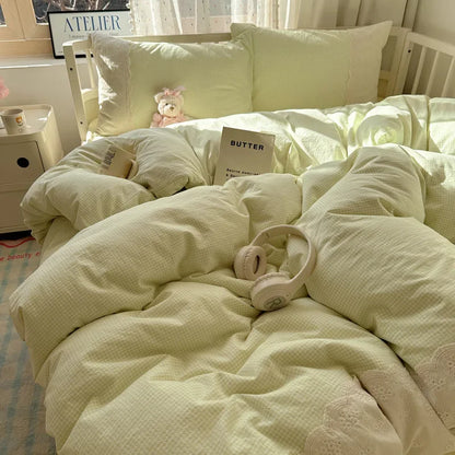 DecorBites™ Lace Duvet Cover Bedding Set 4Pcs French Washed Cotton for Single Double Bed