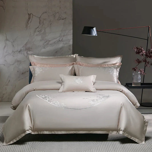 Decobites Luxury Chinese Flowers Embroidery Bedding Set: 1 Duvet, 1 Sheet, 2 Pillowcases