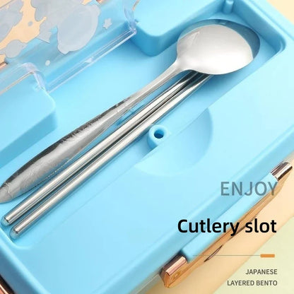 DecorBites™ Kids Cartoon Bento Lunch Box with Fork Spoon, Heated 3 Grid Sandwich Snack Box