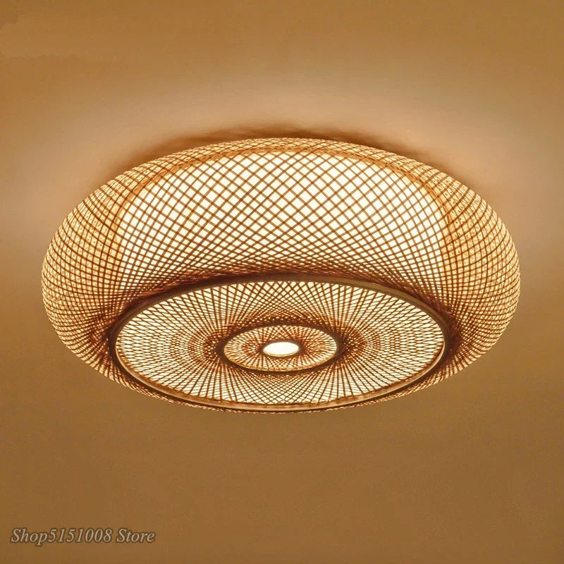 DecorBites™ Bamboo Wicker Rattan Round Lantern Ceiling Light - Chinese Style Hand-Woven Fixture