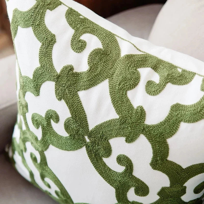 DecorBites™ Green Geometric Canvas Cotton Embroidered Cushion Cover 45x45cm