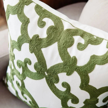 DecorBites™ Green Geometric Canvas Cotton Embroidered Cushion Cover 45x45cm