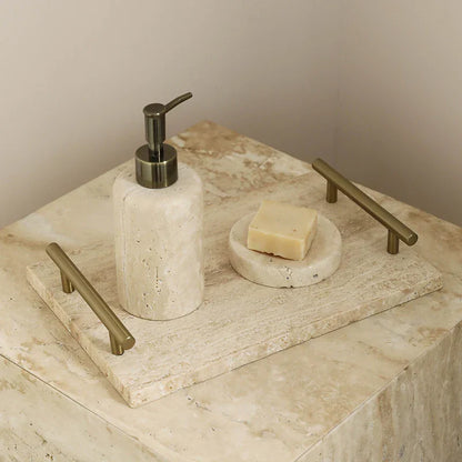 DecorBites™ Beige Travertine Stone Tray with Golden Metal Handle