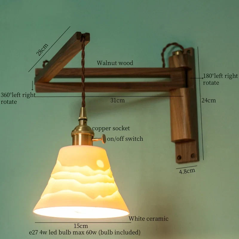 DecorBites™ Ceramic LED Wall Sconce Walnut Wood Copper Pull Chain Switch Light