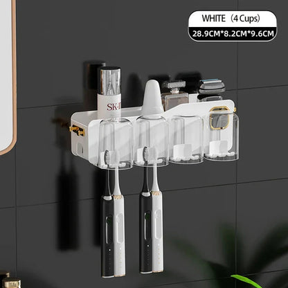DecorBites™ Inverted Toothbrush Holder with Automatic Toothpaste Squeezer & Makeup Storage Rack