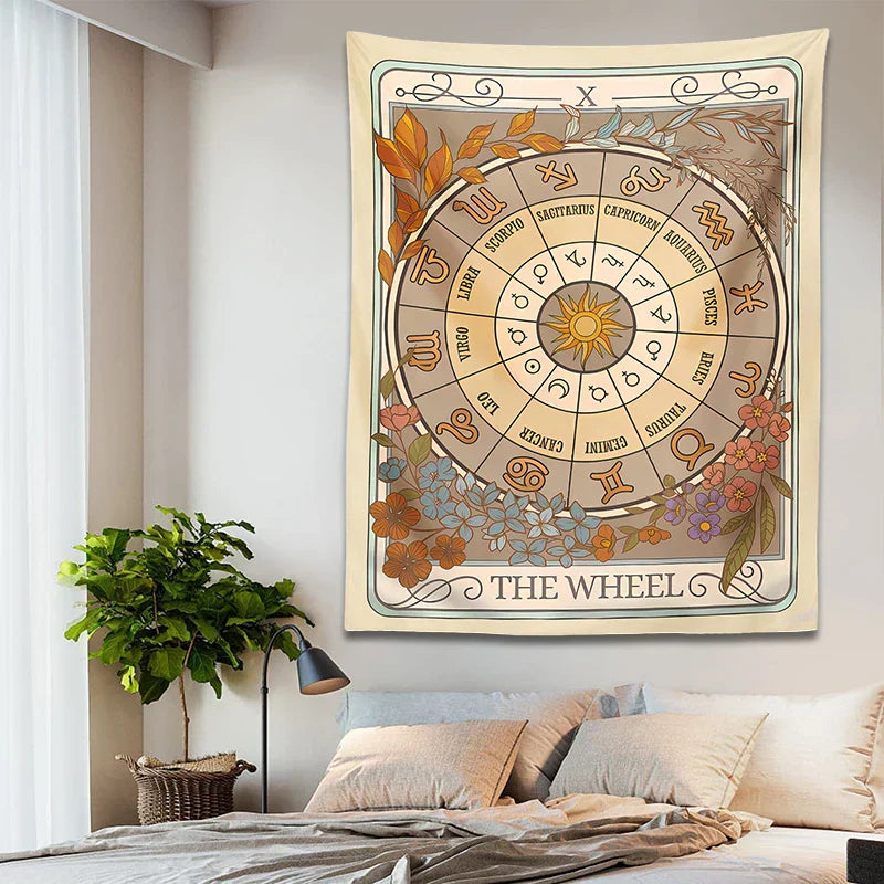 Decobites Wheel of Fortune Tarot Tapestry: Zodiac Astrology Celestial Wall Hanging Art