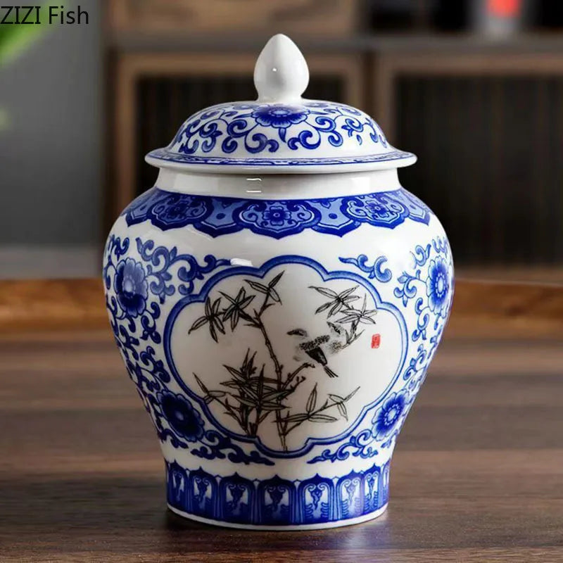 DecorBites™ Blue White Porcelain General Jar Tea Canister with Lid Desk Decoration