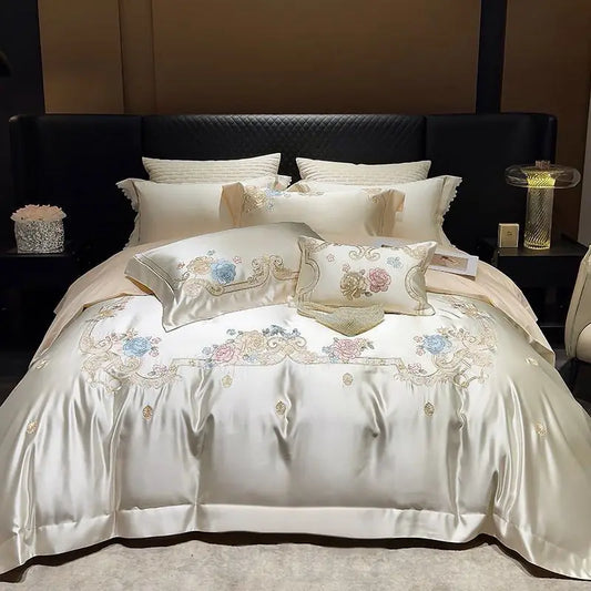 Decobites Luxe Brocade Cotton Flowers Embroidery Bedding Set Cream/Champagne Patchwork