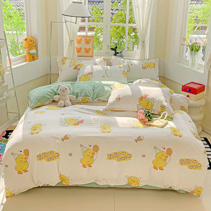 DecorBites™ Cartoon Printed Bedding Set: Soft Cozy Duvet Cover, Bedsheet, Pillowcase, Single Double Bedclothes