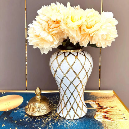 DecorBites™ Gold Diamond Porcelain Vase: Elegant Ceramic Home Decoration & Storage Jar