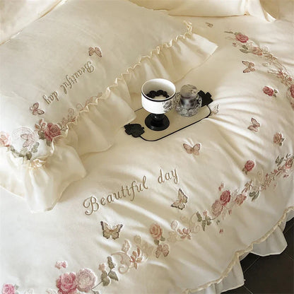 Decobites Rose Butterfly Embroidery Velvet Bedding Set with Lace Details